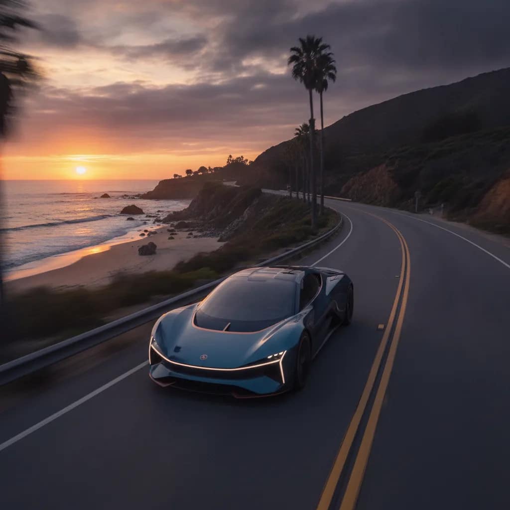 Carro elétrico trafegando em uma rodovia litorânea ao pôr do sol.