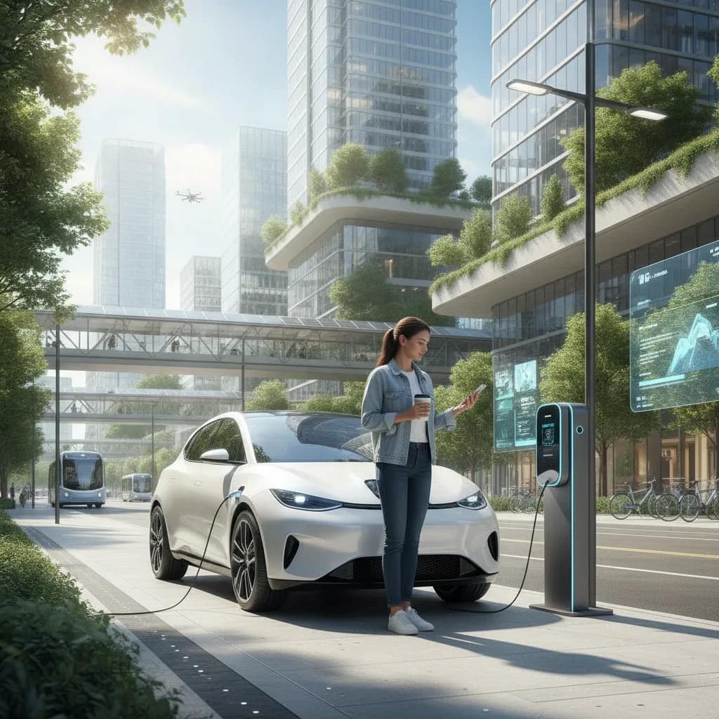Pessoa utilizando aplicativo de mobilidade ao lado de um carro elétrico.