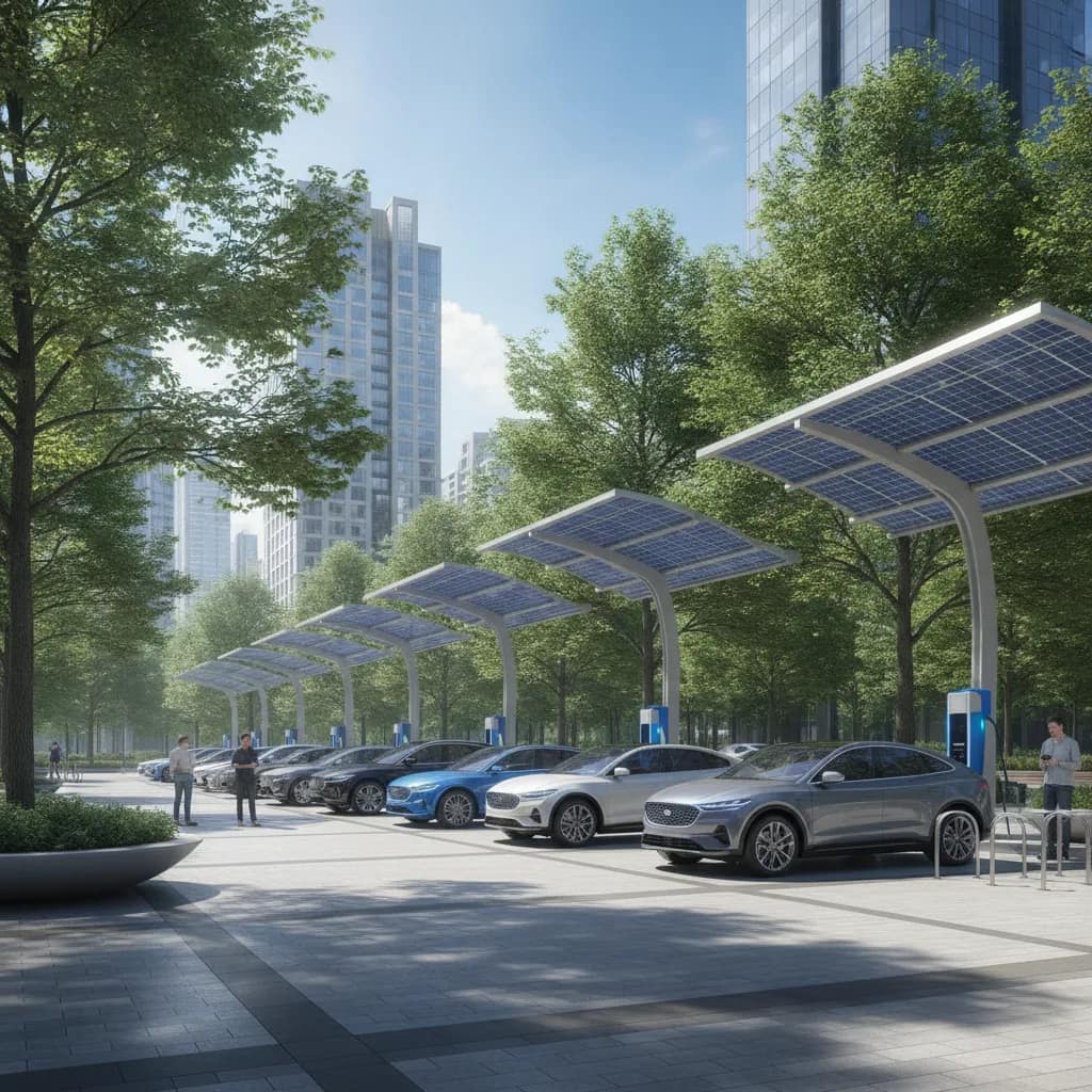 Frota de carros elétricos estacionados em estação de carregamento urbano cercada por área verde.