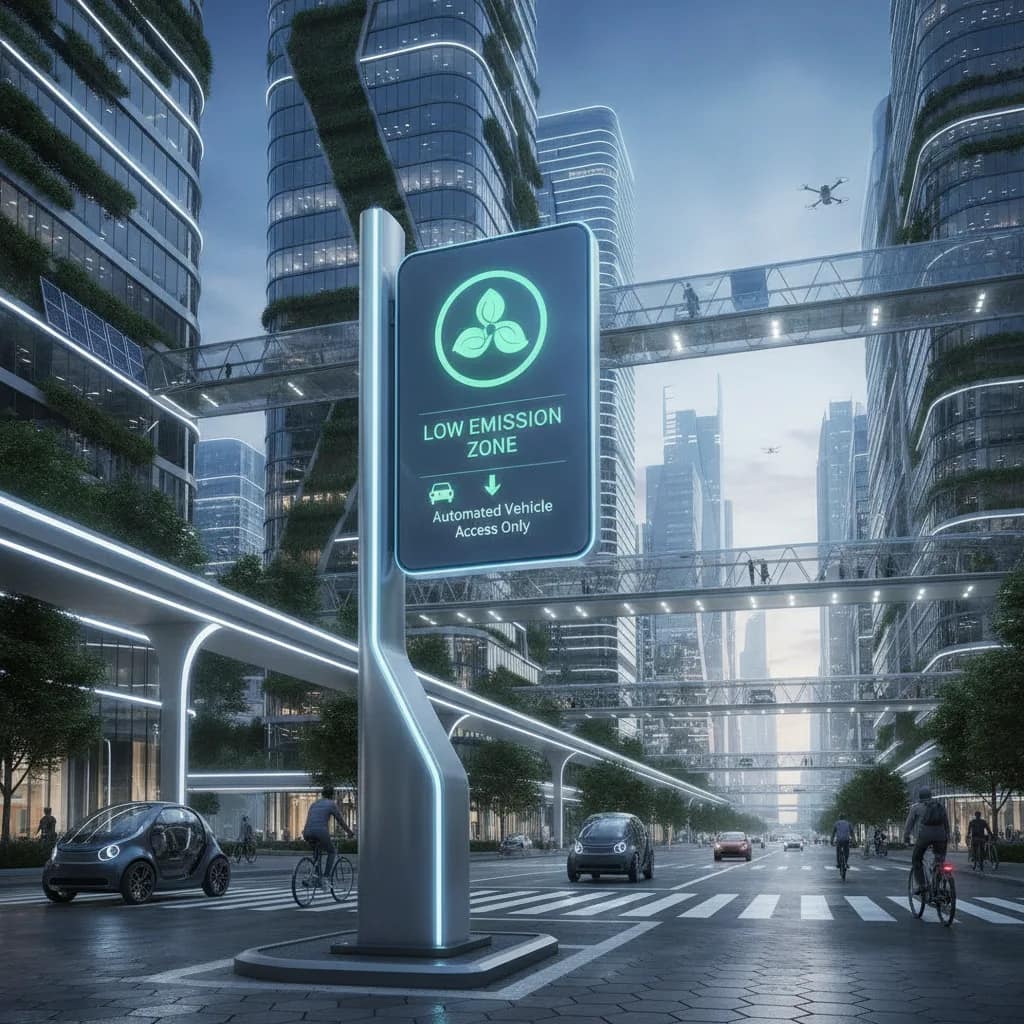 Sinalização urbana indicando uma Zona de Baixa Emissão em uma cidade moderna.