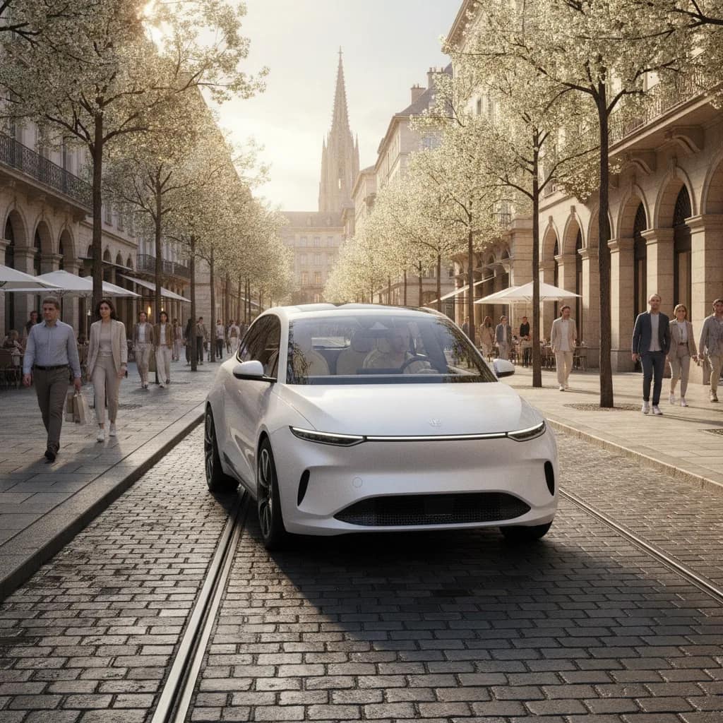 Carro elétrico compacto circulando em trecho urbano em um dia ensolarado.