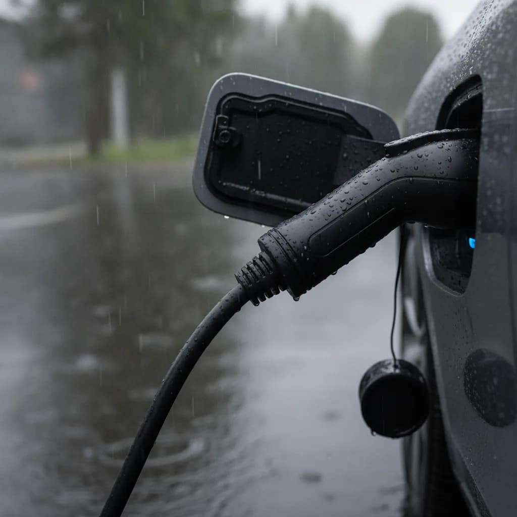 Cabo de carregamento conectado com segurança ao carro elétrico em ambiente externo sob chuva leve.
