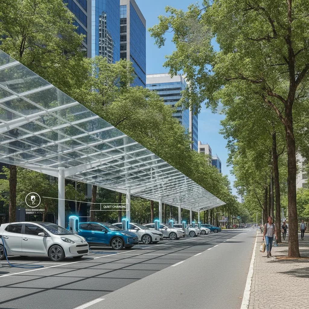 Estacionamento urbano com cobertura de painéis solares e veículos elétricos recarregando.