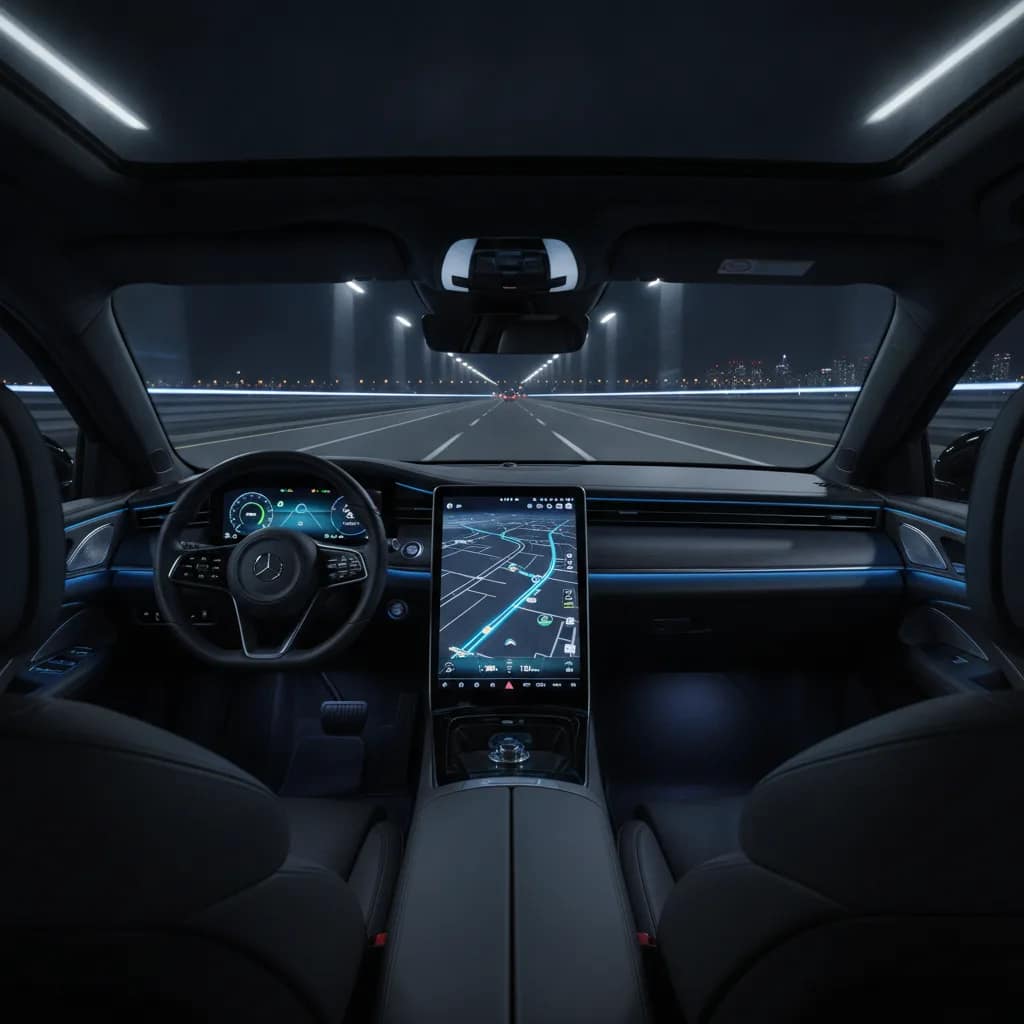 Visão interna do painel digital de um carro elétrico rodando à noite em uma estrada tranquila
