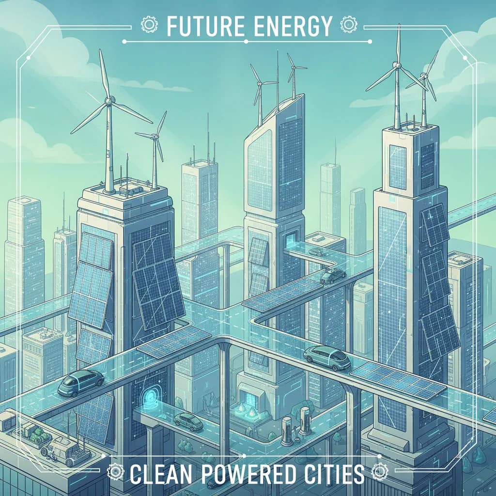 Ilustração de painéis solares e turbinas eólicas conectadas à mobilidade urbana elétrica.