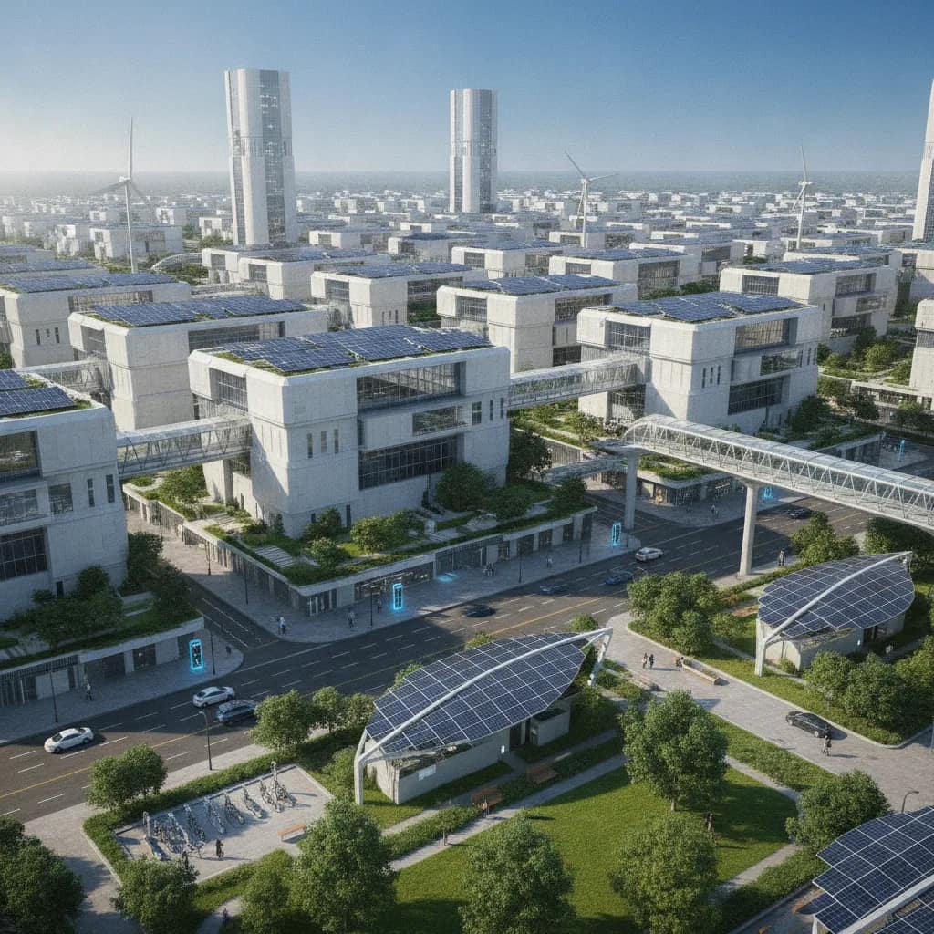 Parque de energia solar integrado ao ambiente urbano limpo.