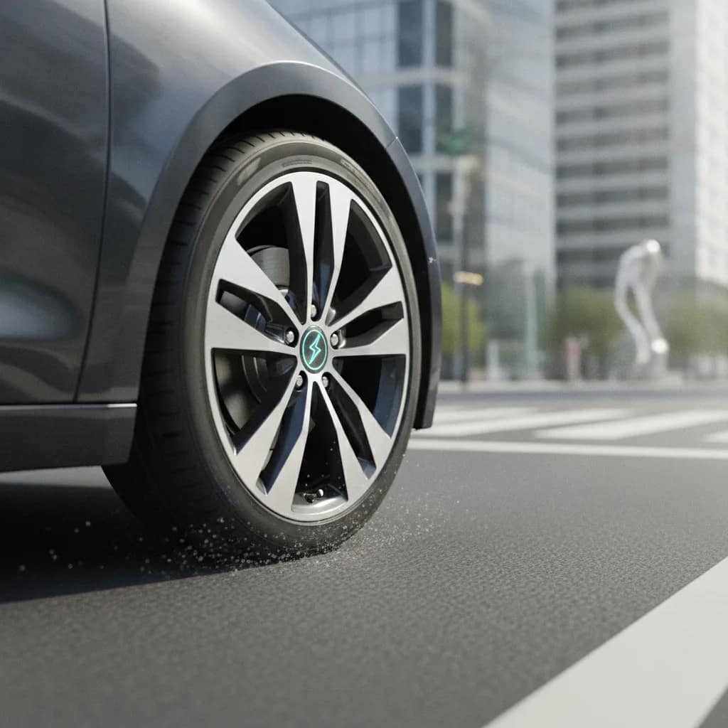 Roda de carro elétrico rodando suavemente pelo asfalto urbano.