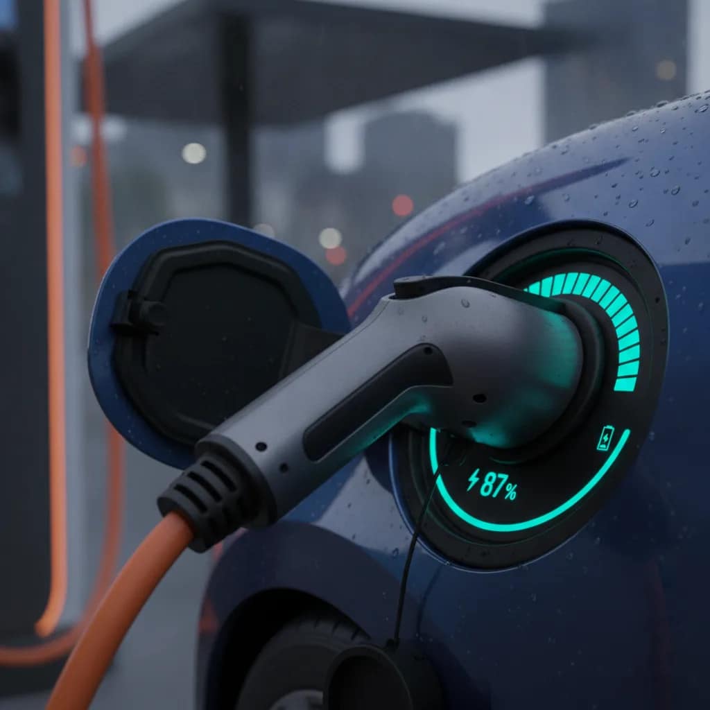 Plugue de carregamento rápido CCS conectado à porta de recarga de um carro elétrico.