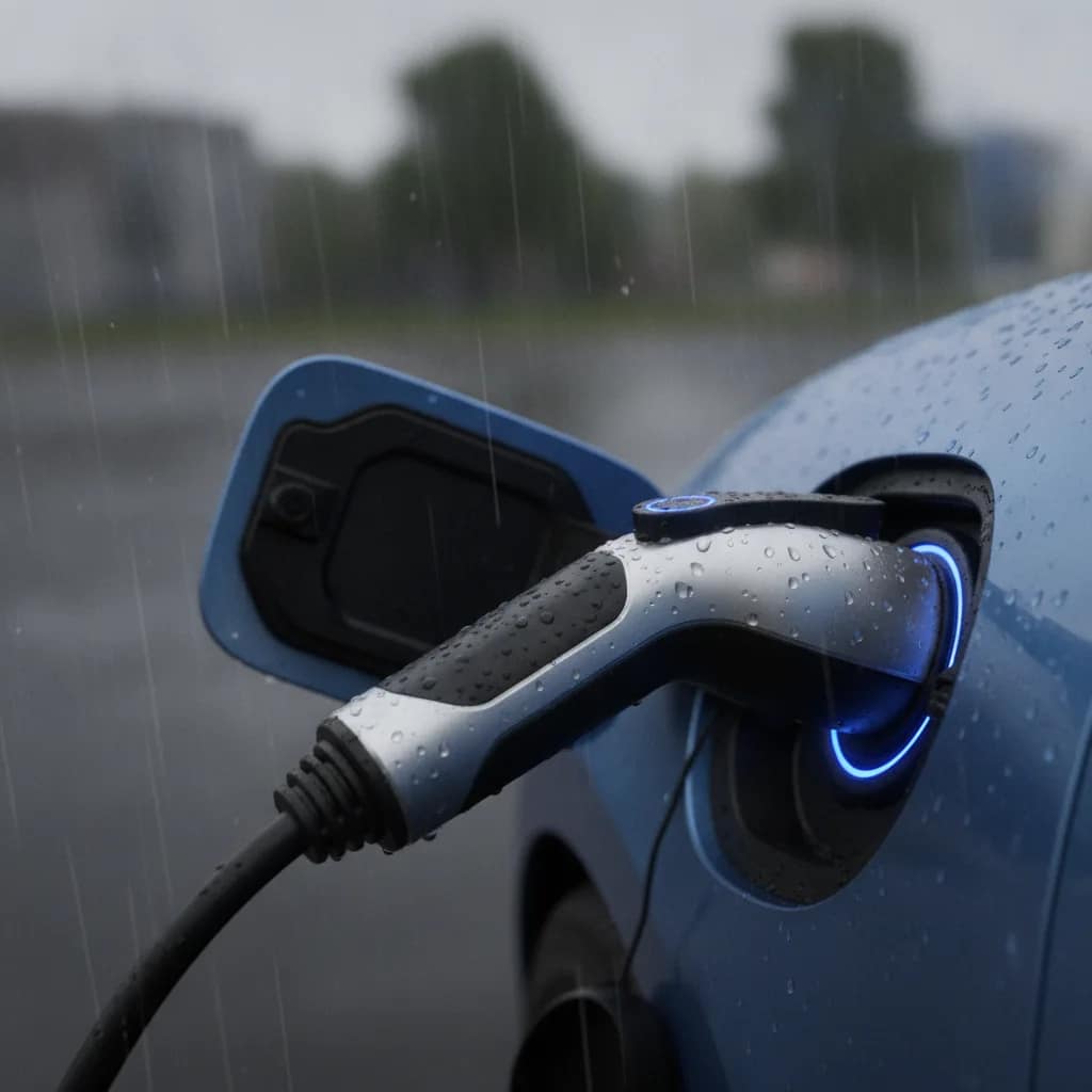 Conector de carregamento de carro elétrico plugado com segurança sob chuva leve.