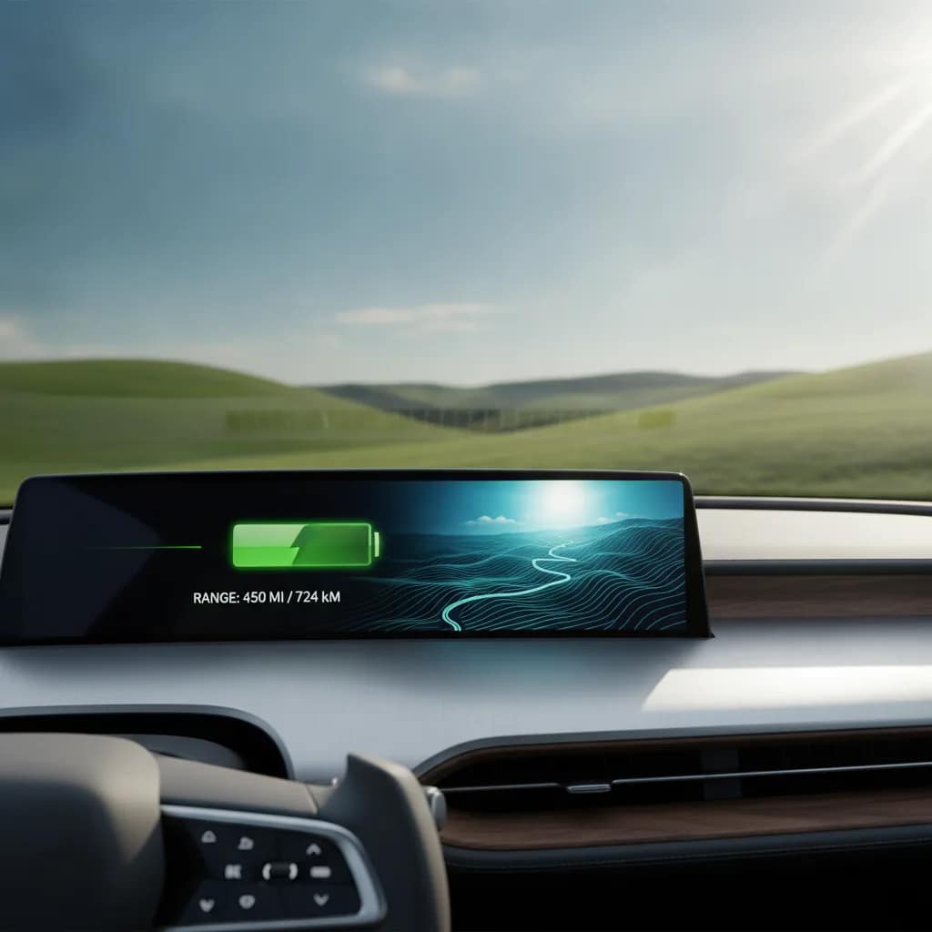 Painel de instrumento de veículo elétrico destacando o nível de carga durante trajeto elevado em Vitória da Conquista