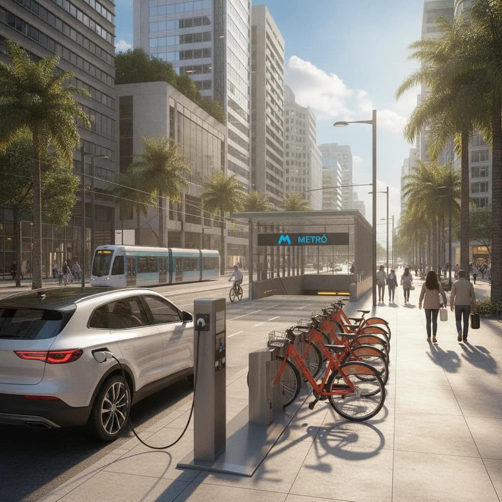 Integração de carro elétrico com estação de metrô e bicicletas compartilhadas em centro urbano.