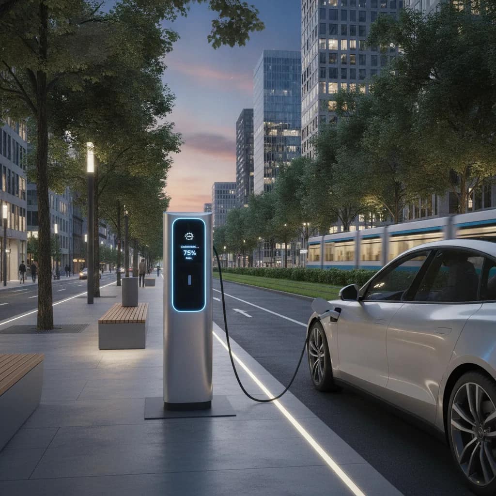 Carro elétrico sendo recarregado em uma estação de recarga urbana moderna.