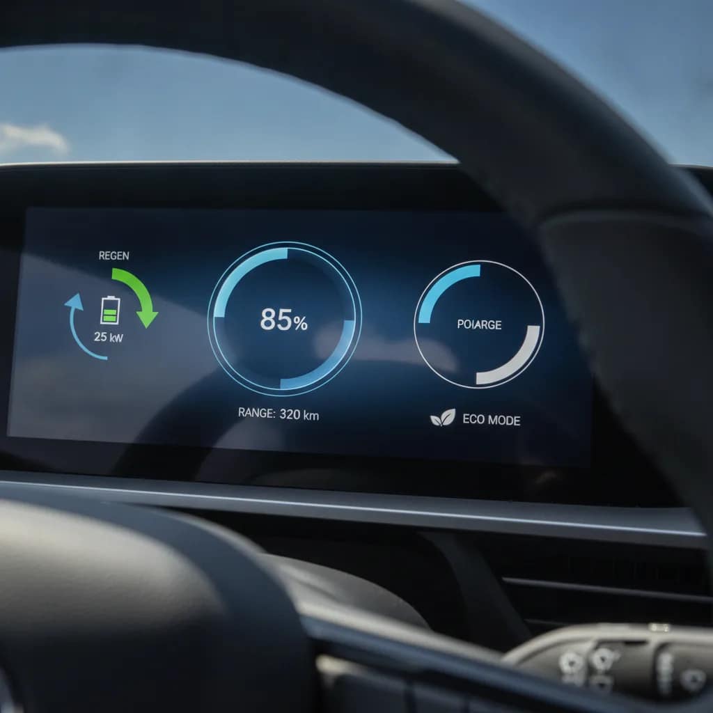 Painel de carro elétrico mostrando funcionamento do sistema de recuperação de energia