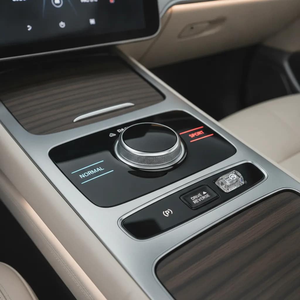 Seleção dos modos de condução no console central de um carro elétrico.