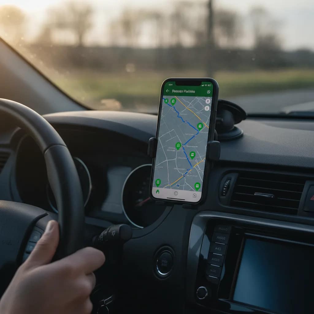 Aplicativo de mapa em smartphone mostrando pontos de recarga em uma rota.