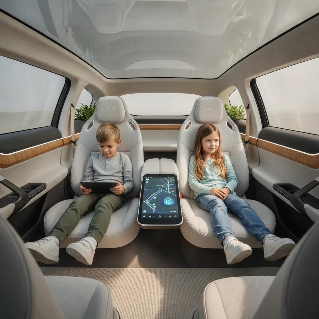 Interior espaçoso e confortável de carro elétrico ideal para viagens em família.