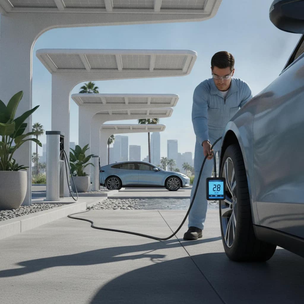 Pneu de carro elétrico sendo calibrado antes de uma viagem com carga total.