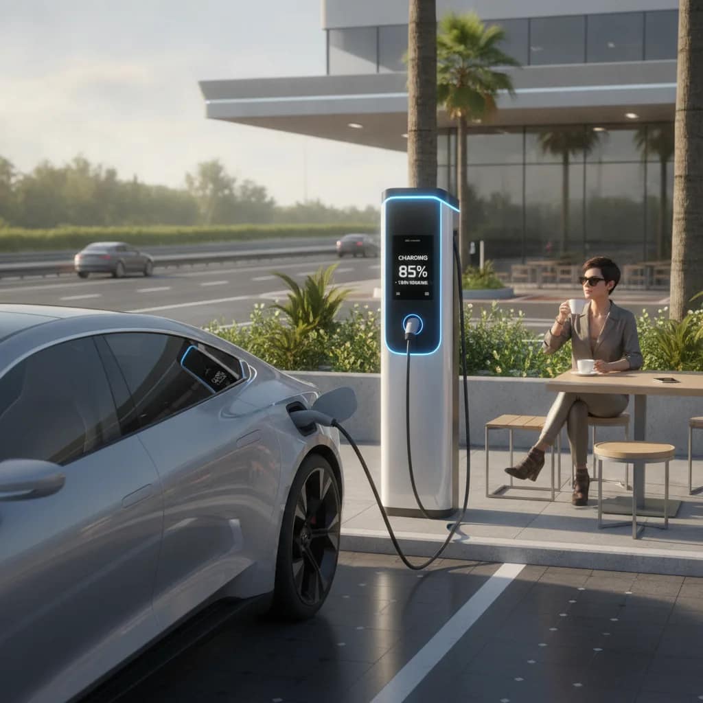 Motorista relaxando em uma cafeteria enquanto o carro elétrico carrega na estação rápida.