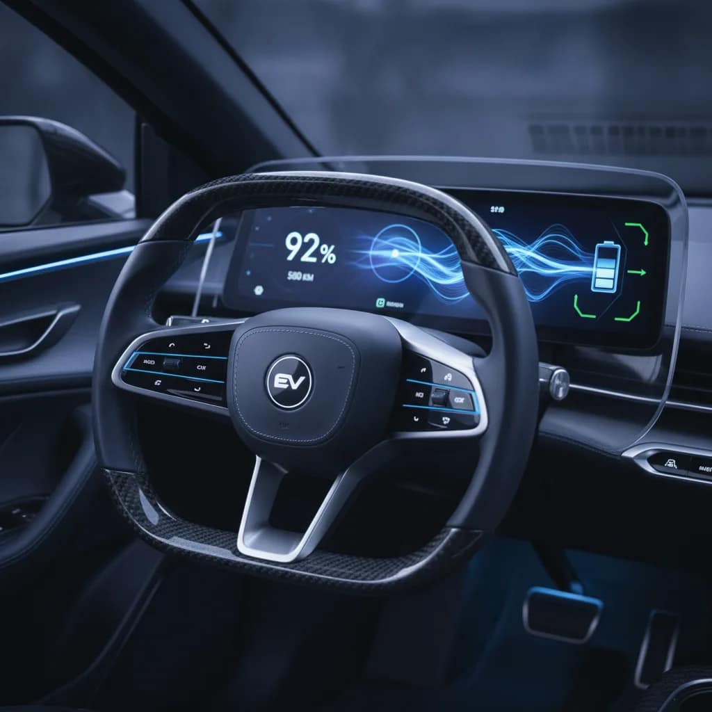 Painel digital de carro elétrico mostrando consumo de energia e autonomia restante.