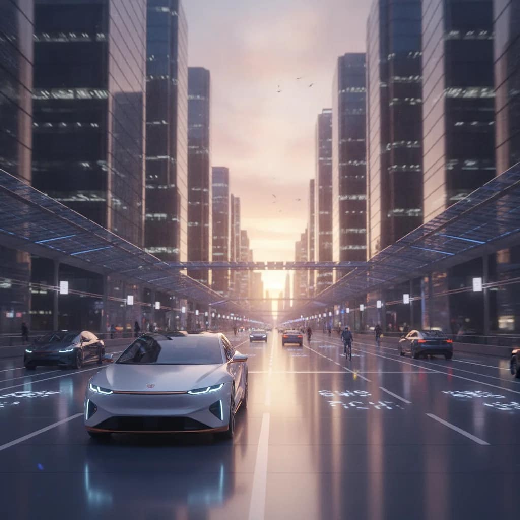 Carro elétrico rodando em avenida urbana ao pôr do sol com foco em eficiência energéitca.