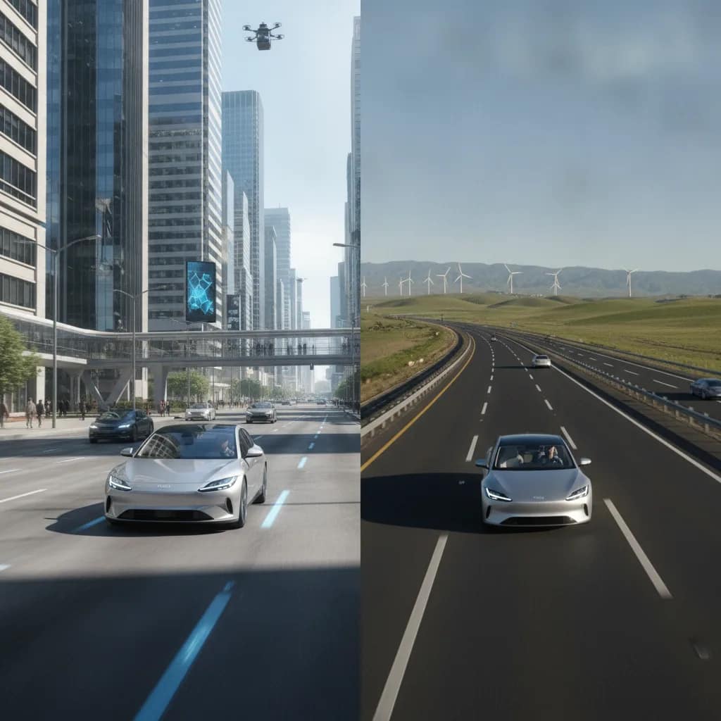 Comparativo visual de carro elétrico no trânsito urbano e em rodovia aberta.