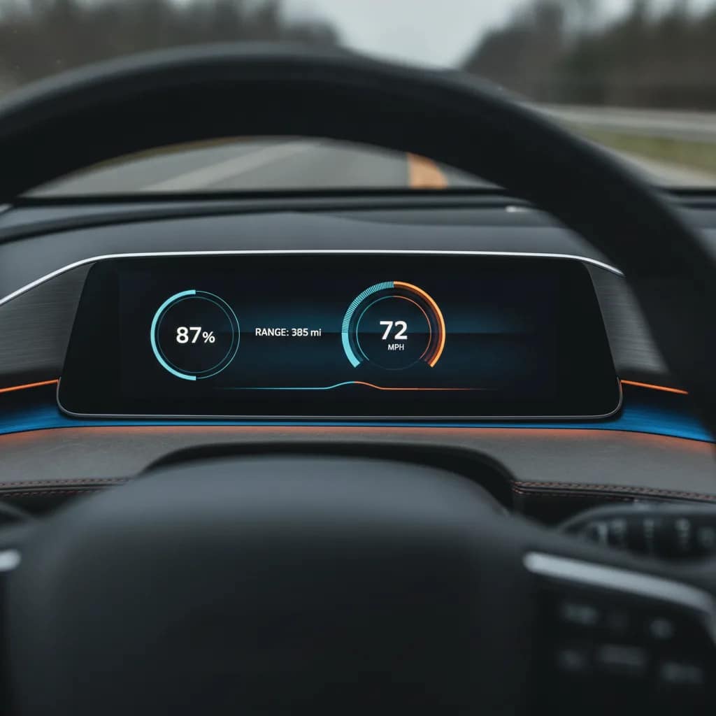 Painel digital de um carro elétrico mostrando o nível de bateria e a estimativa de autonomia.