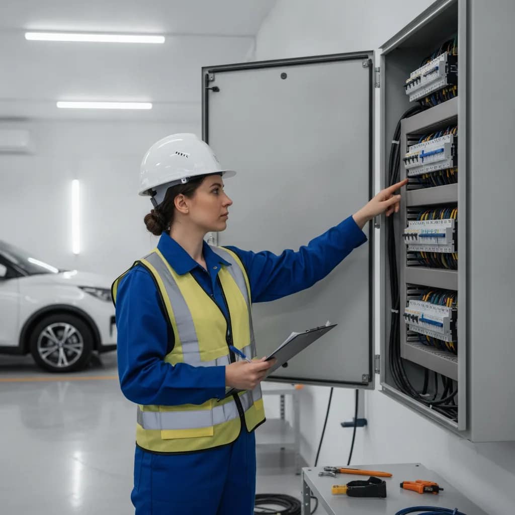Engenheiro eletricista inspecionando o painel elétrico de um condomínio.