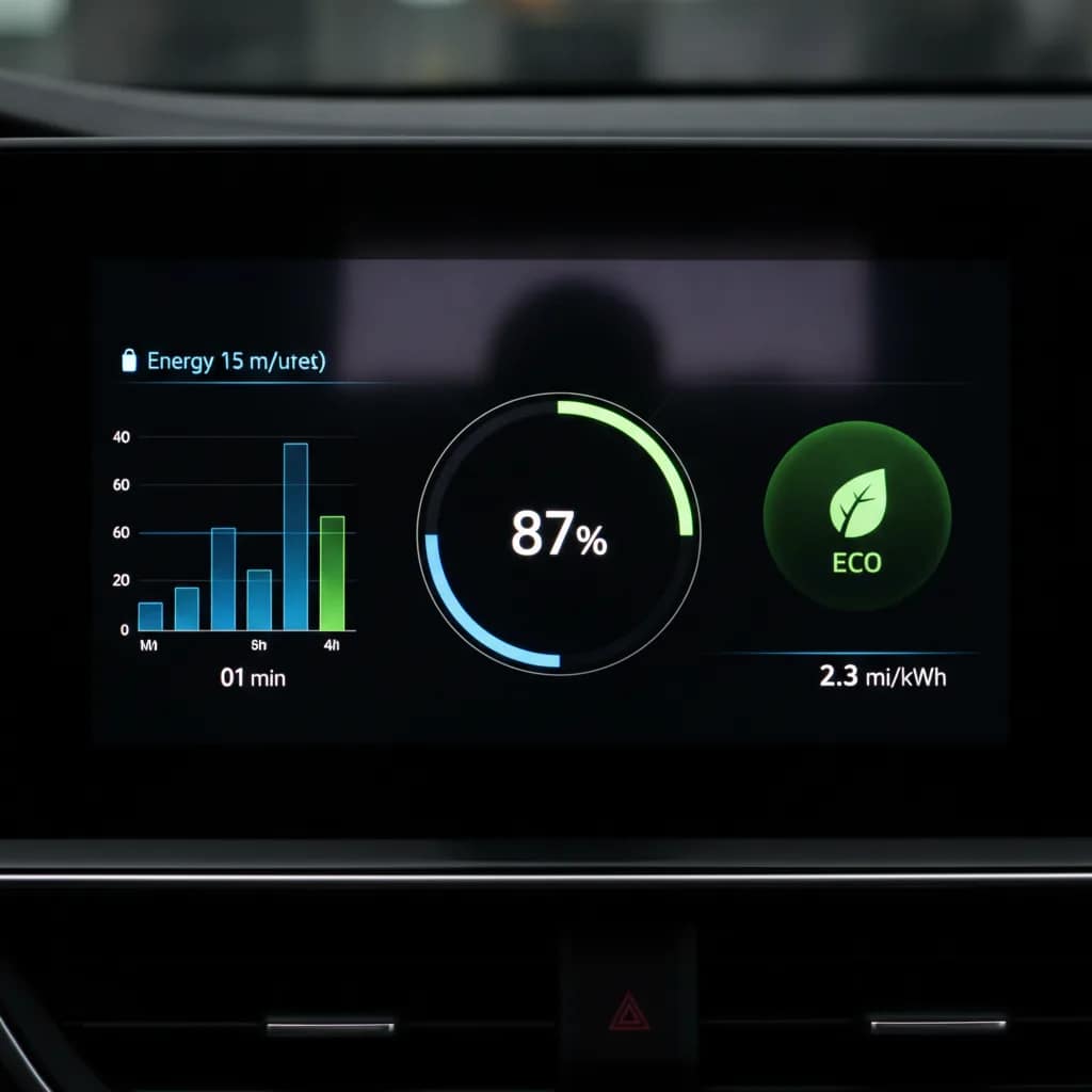 Tela digital de carro elétrico exibindo indicador de bateria e consumo de energia no modo eco.