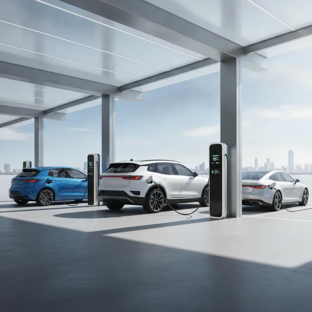 Comparativo visual entre três categorias de carros elétricos em um posto de carregamento.