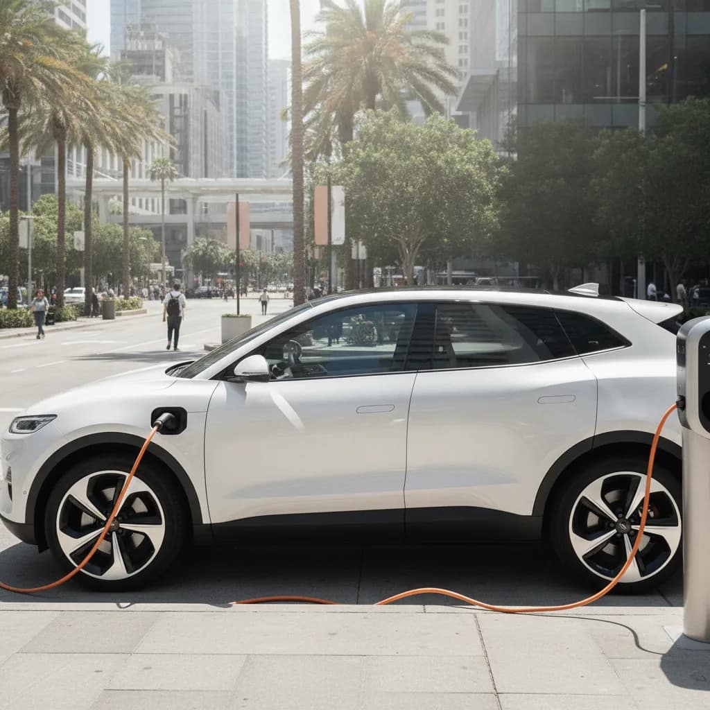Carro elétrico moderno estacionado ao sol conectado ao carregador