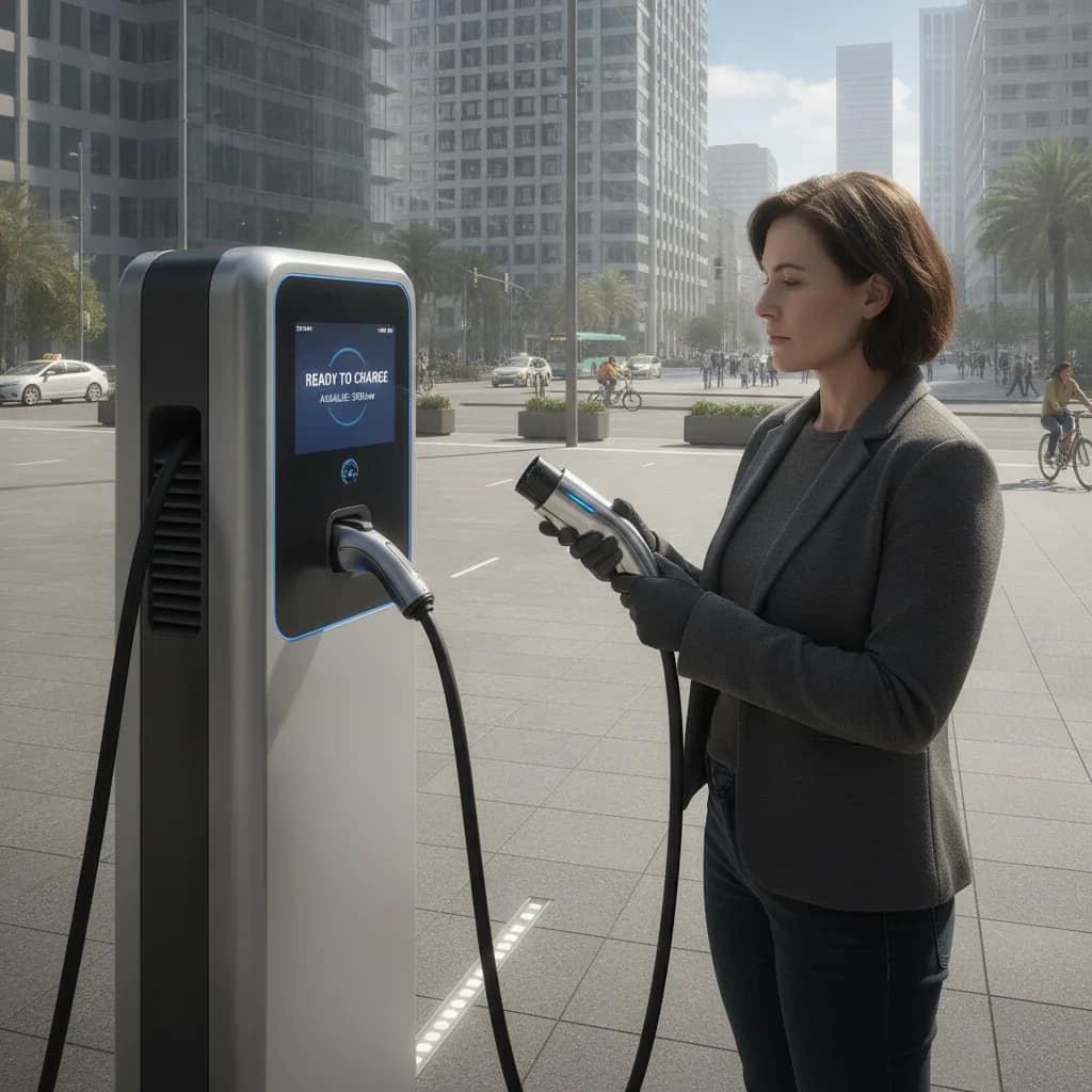 Motorista segurando um adaptador de carregamento para carro elétrico em um posto público.