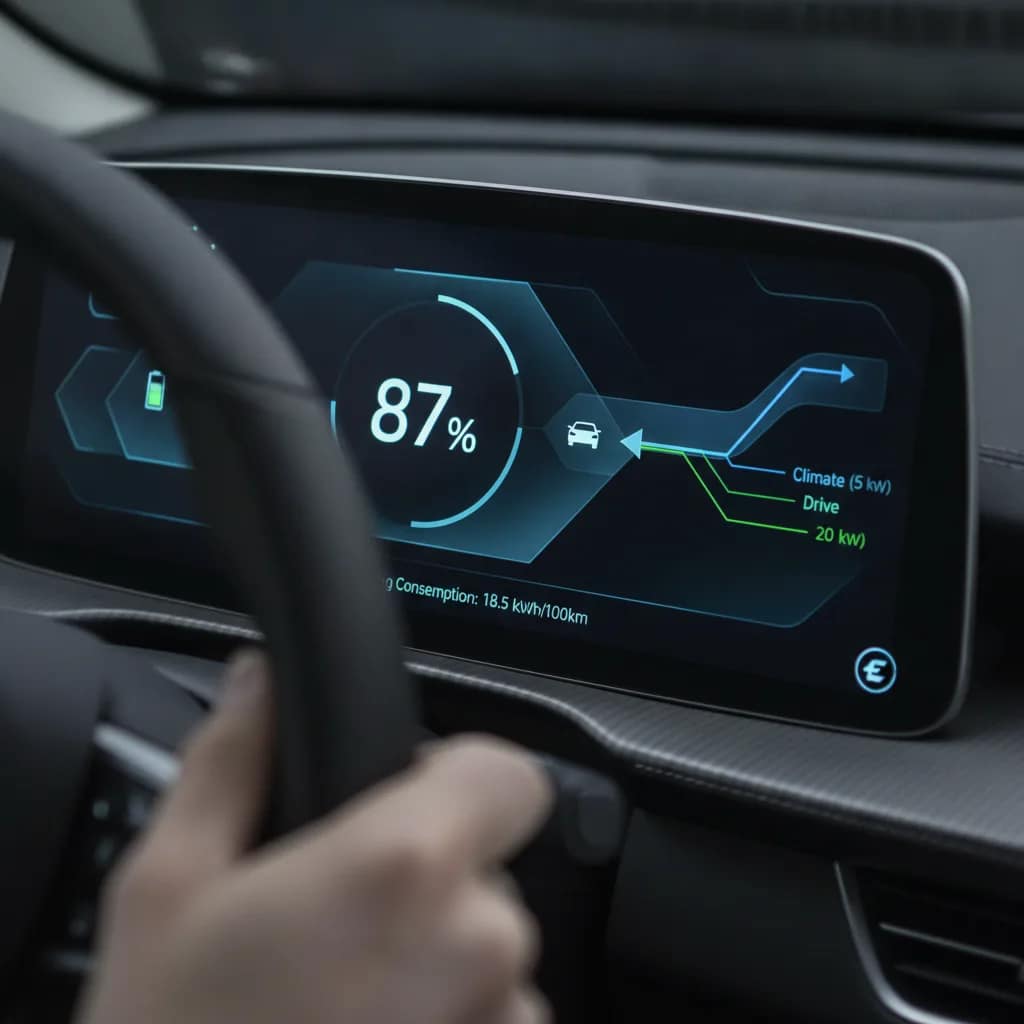 Painel digital de carro elétrico exibindo indicador de bateria e fluxo de energia.