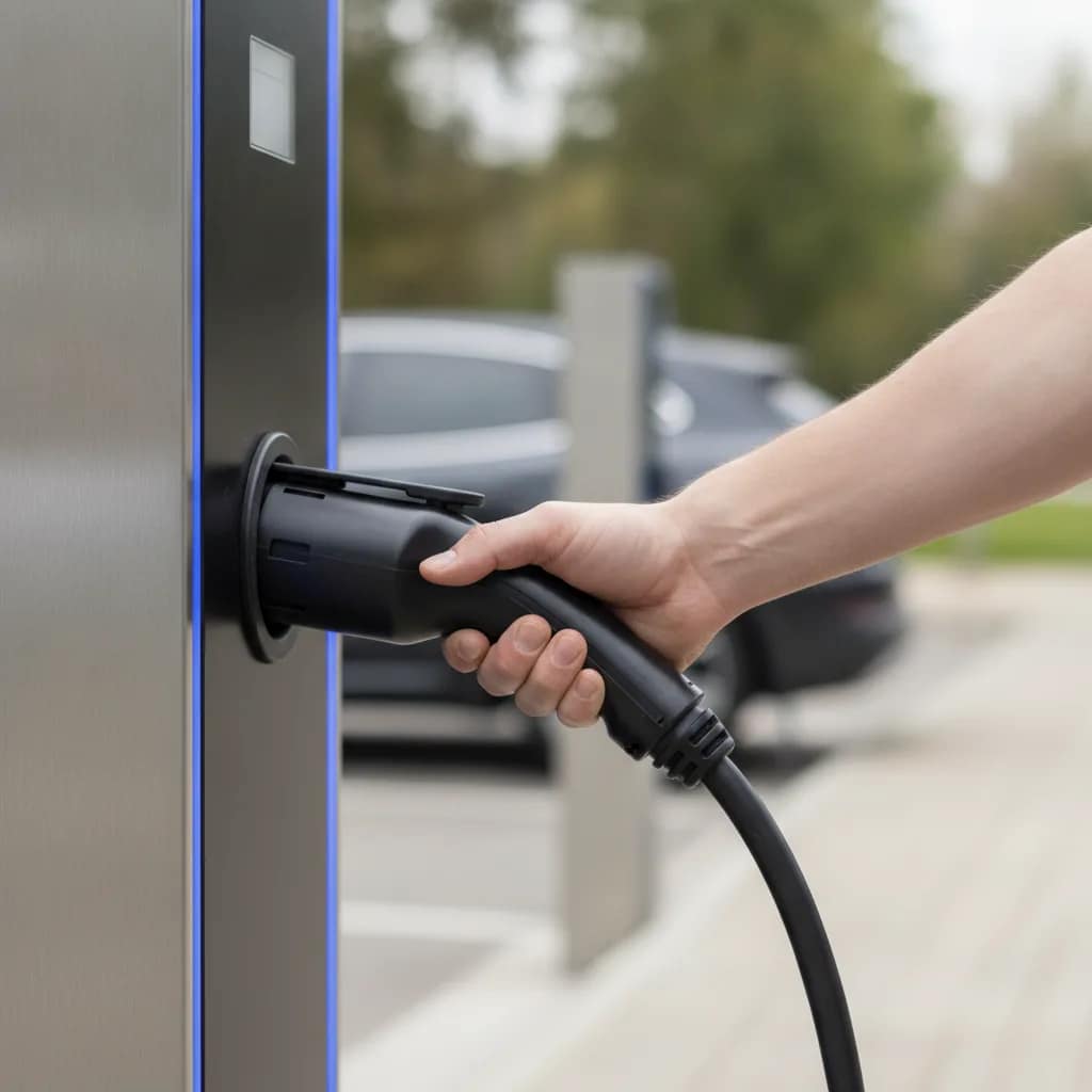 Pessoa encaixando corretamente o conector do carregador de carro elétrico no suporte.