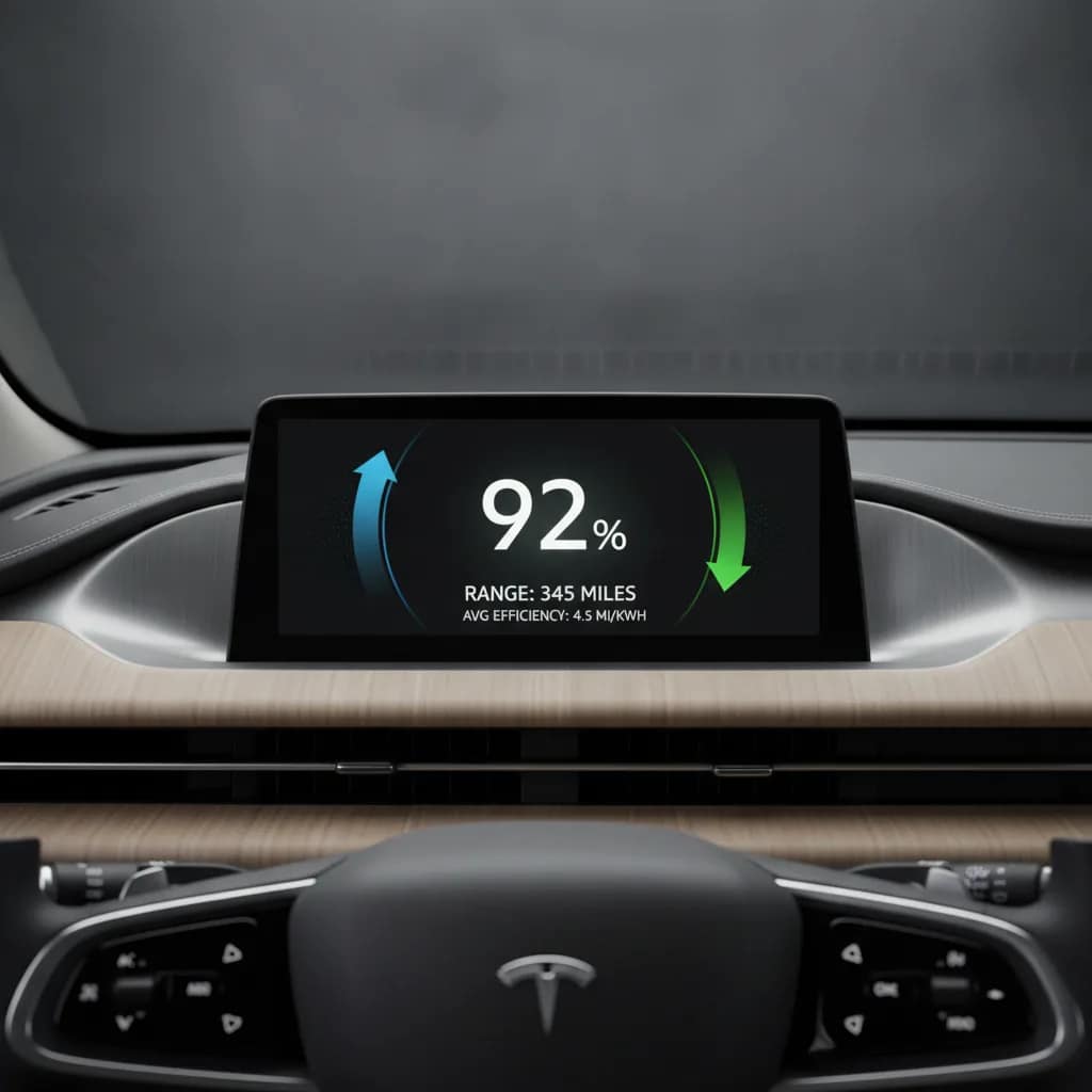 Painel digital de veículo elétrico mostrando consumo de energia e indicador de autonomia.