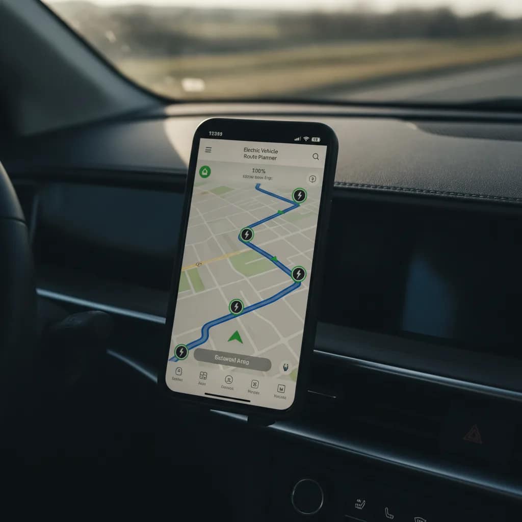 Smartphone exibe aplicativo de planejamento de rotas com pontos de recarga para carros elétricos.