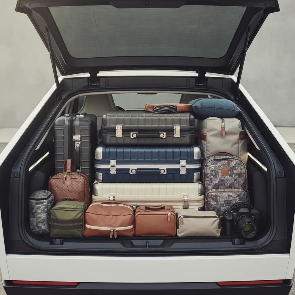 Porta-malas de um carro elétrico moderno totalmente carregado com malas de viagem