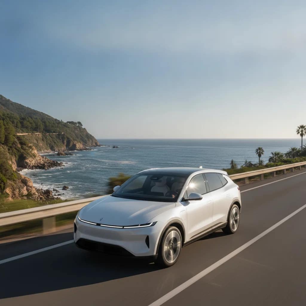 Carro elétrico SUV percorrendo uma rodovia litorânea ensolarada com eficiência.