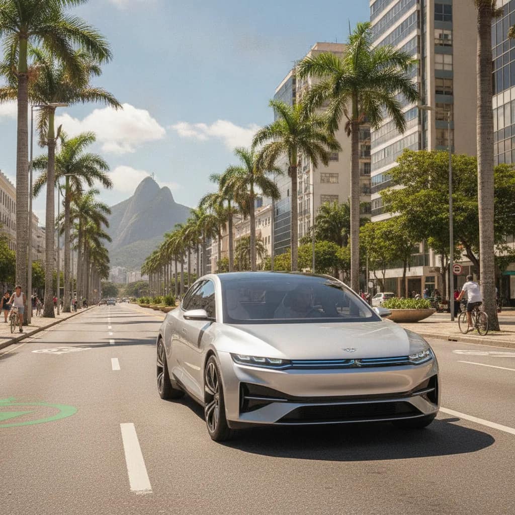 Carro elétrico moderno circulando em uma avenida urbana no Brasil.