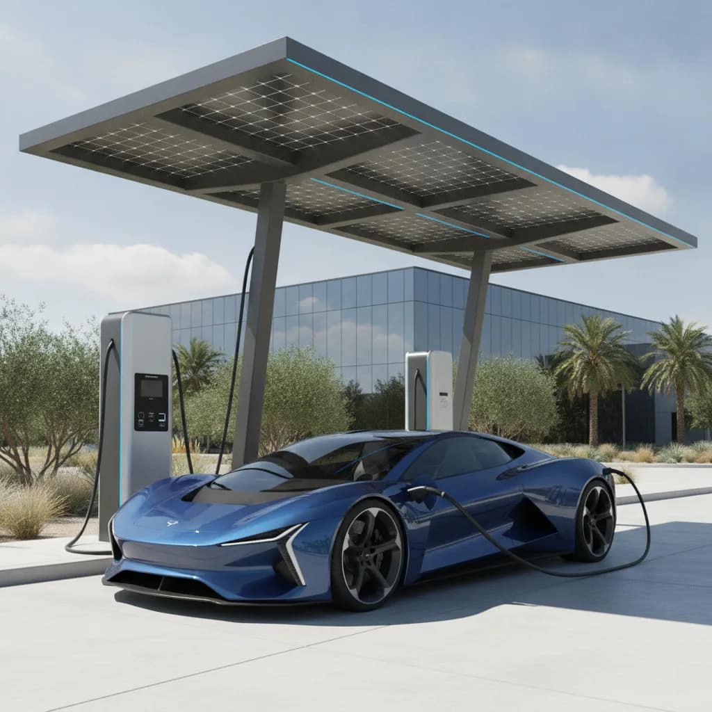 Carro elétrico recarregando em uma estação moderna ensolarada.