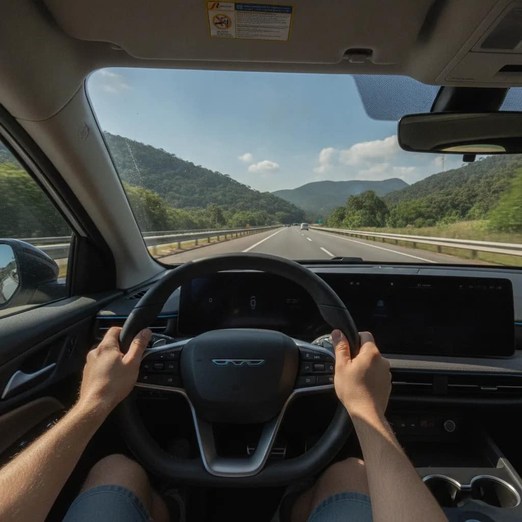 Motorista ao volante de carro elétrico em rodovia ensolarada