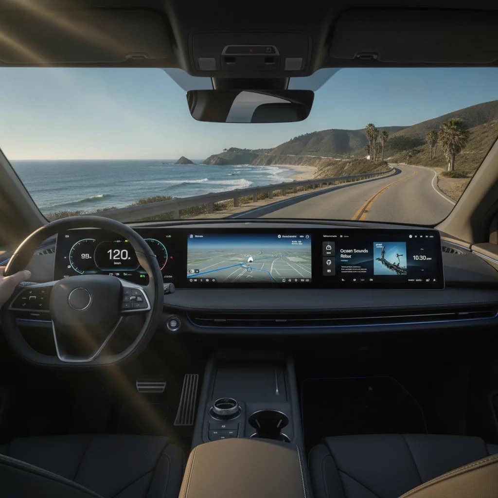 Painel digital de um carro elétrico moderno com iluminação natural em uma viagem litorânea.