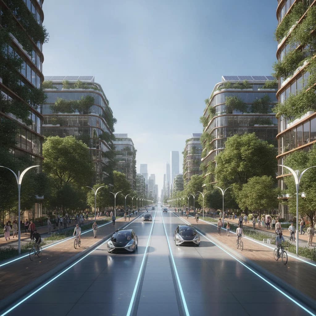 Avenida urbana sustentável com pista para veículos elétricos e ciclovia arborizada.