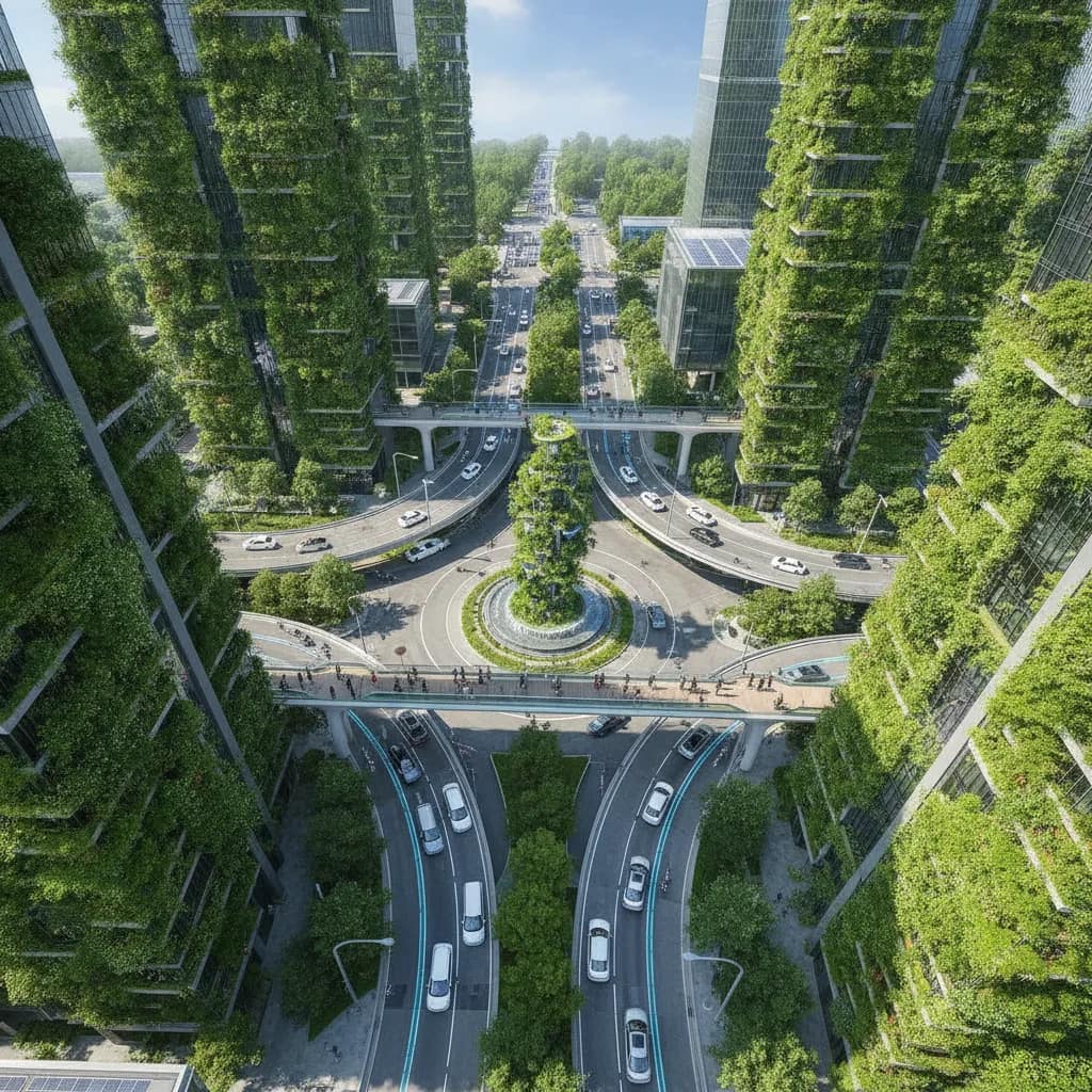Cruzamento em cidade inteligente com carros elétricos e jardins verticais.