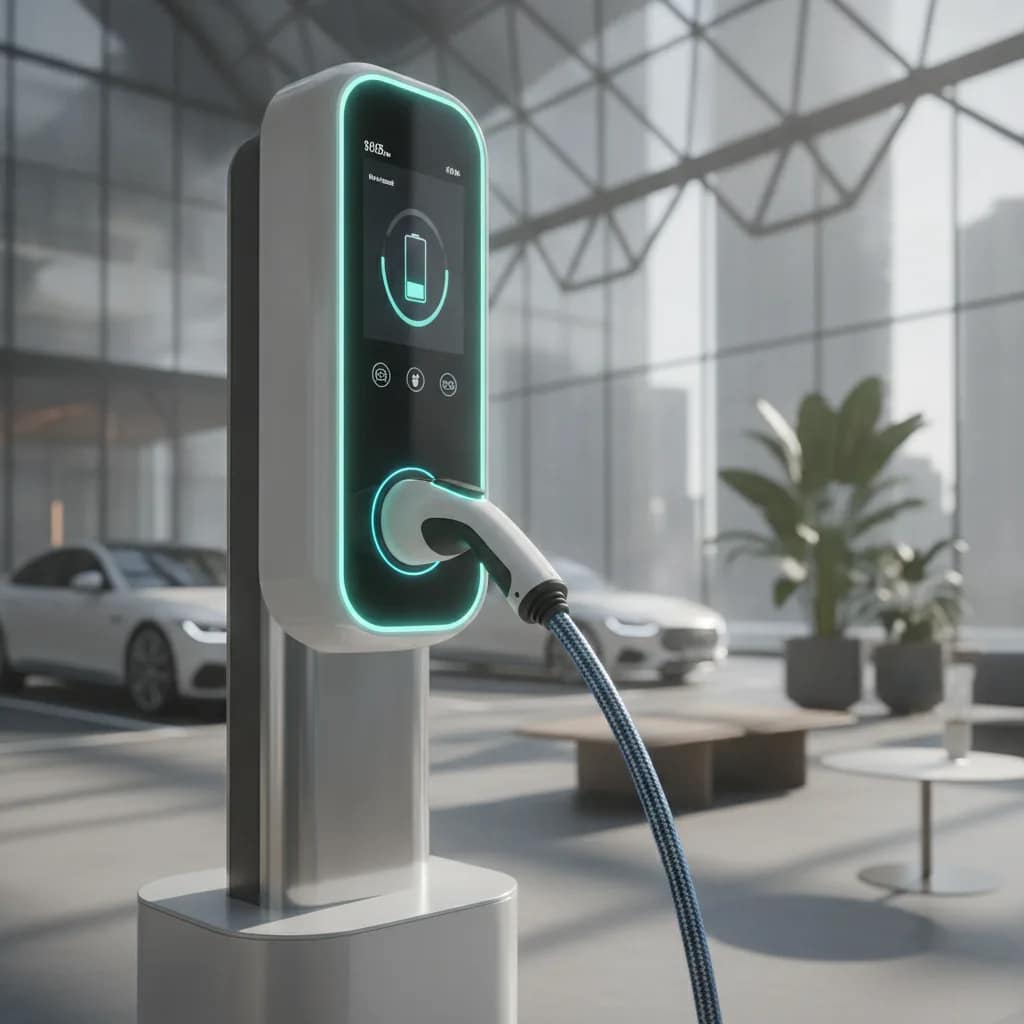Cabo de carregamento rápido conectado a um carro elétrico moderno.