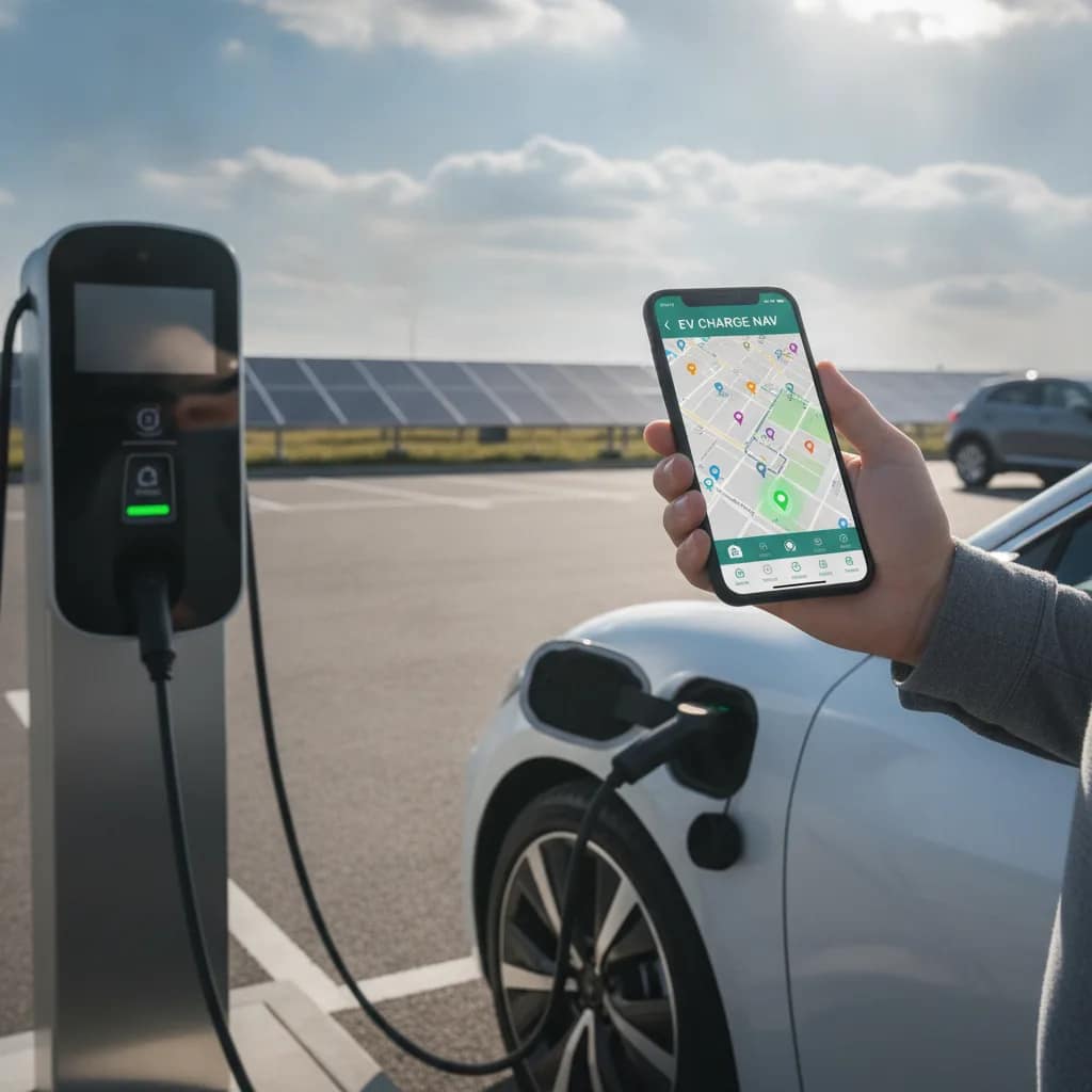 Motorista utilizando aplicativo de smartphone para localizar e liberar eletroposto.
