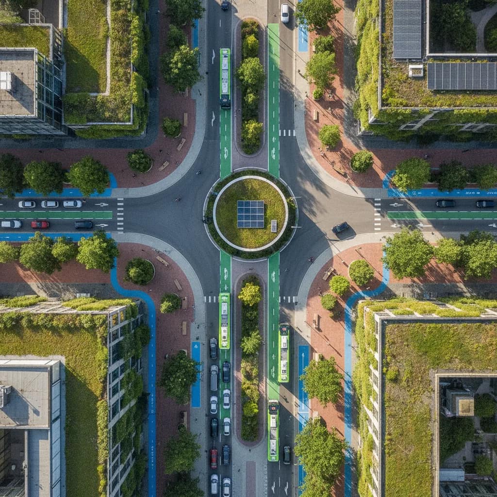 Vista aérea de uma cidade com trânsito sustentável, carros elétricos e infraestrutura planejada.
