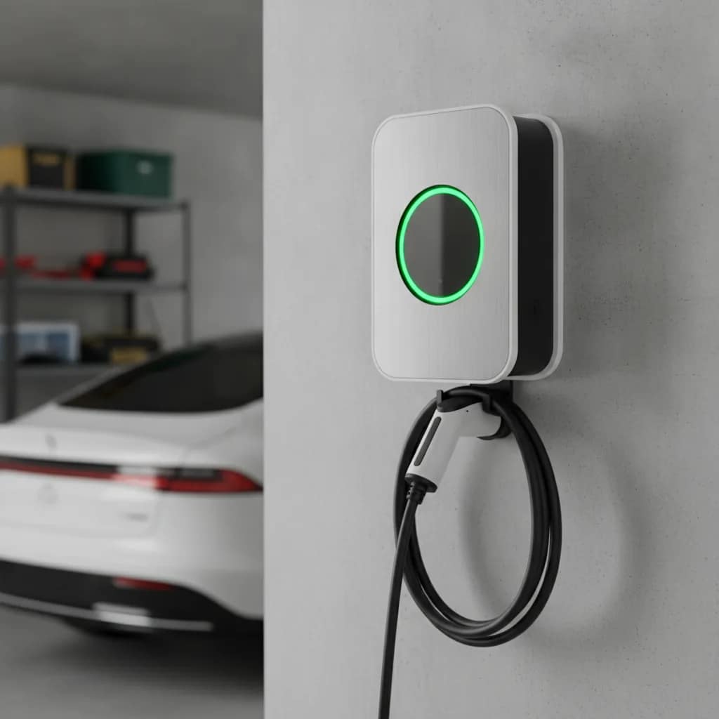 Wallbox instalada em garagem de prédio residencial para carregar carro elétrico.