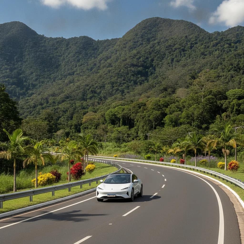 Carro elétrico dirigindo em rodovia cercada por natureza.