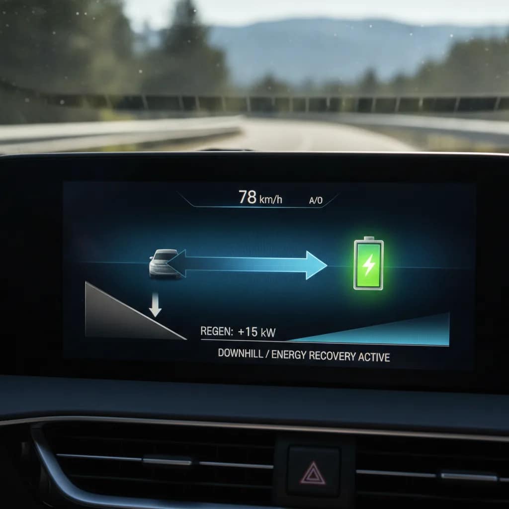 Painel digital de carro elétrico mostrando a recuperação de energia da frenagem regenerativa na descida