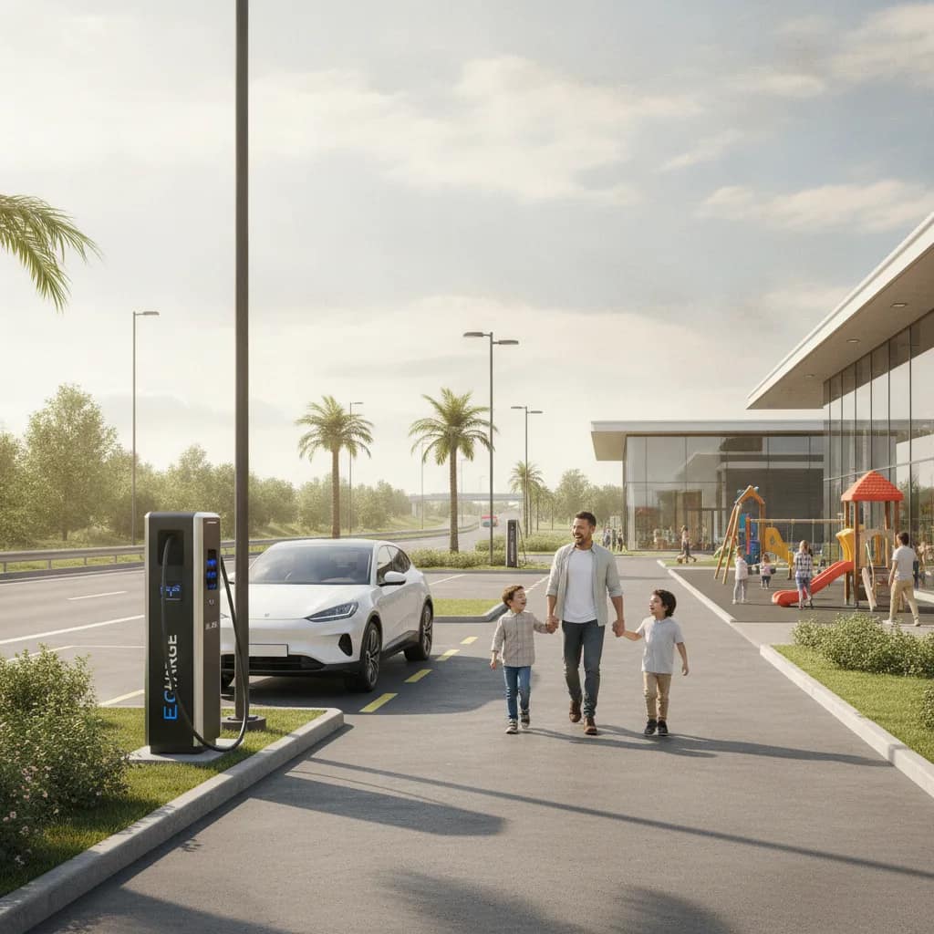 Família caminhando em um posto de conveniência com estação de recarga para carros elétricos.